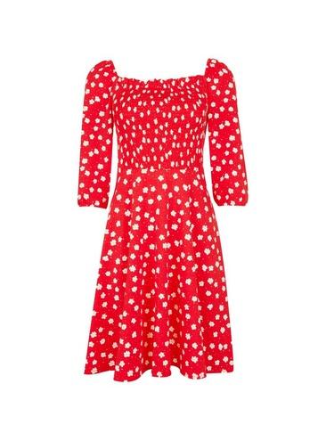 Dorothy Perkins Red Floral Gypsy Shirred Fit And Flare Dress