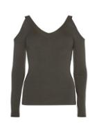 Dorothy Perkins Khaki V-neck Cold Shoulder Knitted Jumper