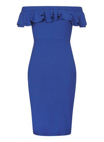 Dorothy Perkins Blue Ruffle Front Bardot Pencil Dress