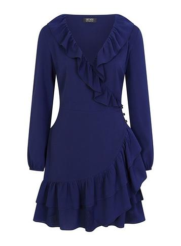 *girls On Film Navy Frill Button Wrap Dress