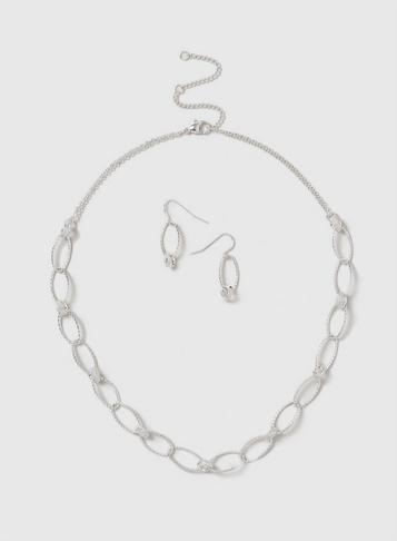 Dorothy Perkins Silver Look Oval Link Necklace And Earrings Set