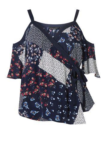 Dorothy Perkins Navy Patchwork Cold Shoulder Wrap Top