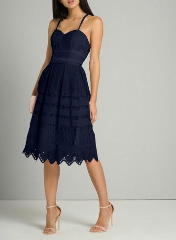 *chi Chi London Navy Crochet Midi Skater Dress