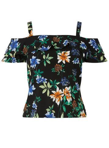 Dorothy Perkins Petite Black Floral Print Cold Shoulder Top
