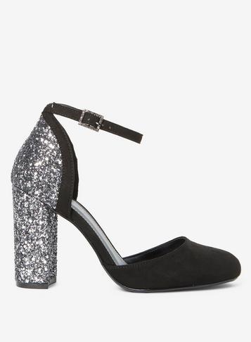 Dorothy Perkins Black And Pewter Golden Block Heel Court Shoes