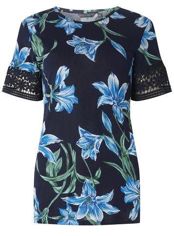 Dorothy Perkins *navy Tall Floral Print Lace Sleeve T-shirt