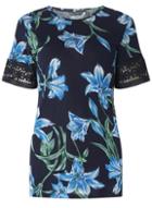 Dorothy Perkins *navy Tall Floral Print Lace Sleeve T-shirt