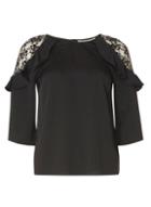 Dorothy Perkins Petite Black Lace Ruffle Cold Shoulder Top