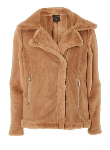 Dorothy Perkins Tan Faux Fur Long Sleeve Biker Jacket