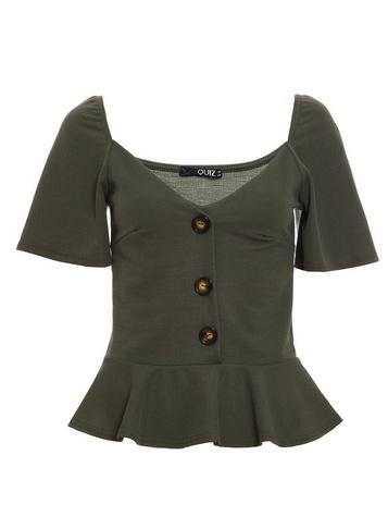 *quiz Khaki Peplum Button Top
