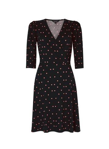 Dorothy Perkins Black Square Geometric Print Puff Sleeve Wrap Dress