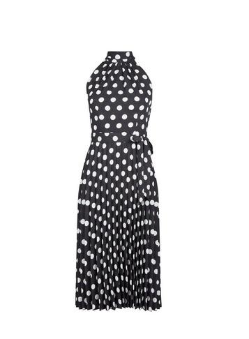 Dorothy Perkins Petite Black Spot Print Halter Neck Pleated Midi Dress