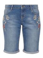 Dorothy Perkins Petite Mid Wash Knee Length Embroidered Shorts