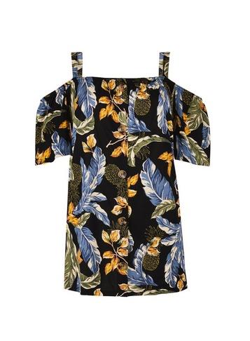 Dorothy Perkins *tall Black Pineapple Print Cold Shoulder Top