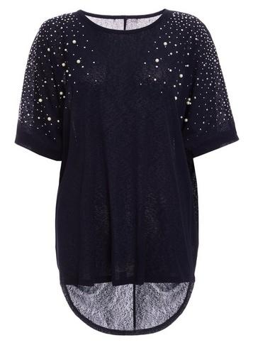 *quiz Navy Embellished Batwing Top