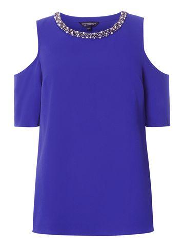 Dorothy Perkins Cobalt Embellished Neck Cold Shoulder Top