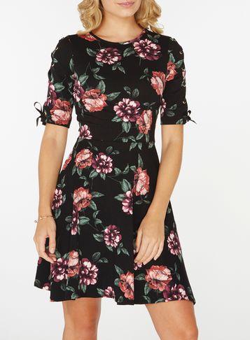 Dorothy Perkins Black Floral Print Eyelet Trim Skater Dress