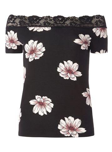 Dorothy Perkins Black Floral Lace Trim Bardot Top