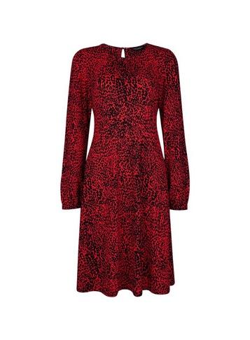 Dorothy Perkins Red Animal Print Pleated Neck Fit And Flare Dress
