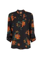 Dorothy Perkins Black And Orange Floral Print Roll Sleeve Top