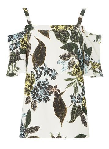 Dorothy Perkins Ivory Tropical Print Frill Detail Cold Shoulder Top