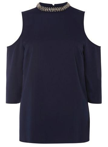 Dorothy Perkins *tall Blue Embellished Cold Shoulder Top