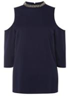 Dorothy Perkins *tall Blue Embellished Cold Shoulder Top