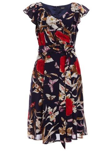 *quiz Navy Floral Print Frill Skater Dress