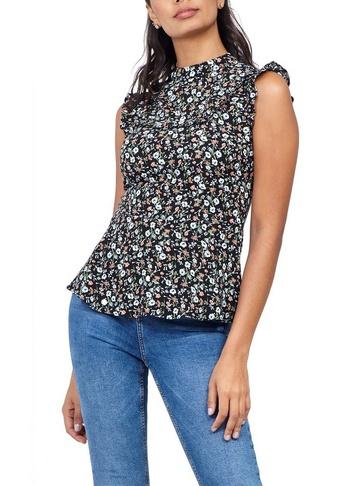 *izabel London Black Floral Print Ruffle Neck Top