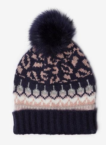 Dorothy Perkins Navy Leopard Print Pom Pom Hat
