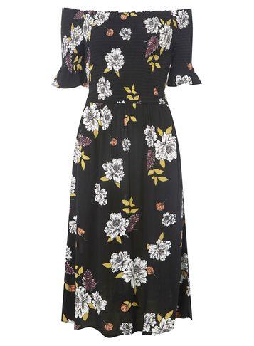 Dorothy Perkins Black Floral Print Bloom Shirred Midi Skater Dress