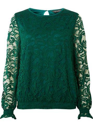 Dorothy Perkins Green Sheered Hem Long Sleeve Top