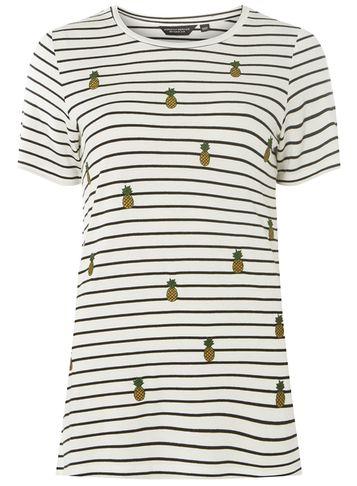 Dorothy Perkins Ivory Striped Pineapple Embroidered T-shirt