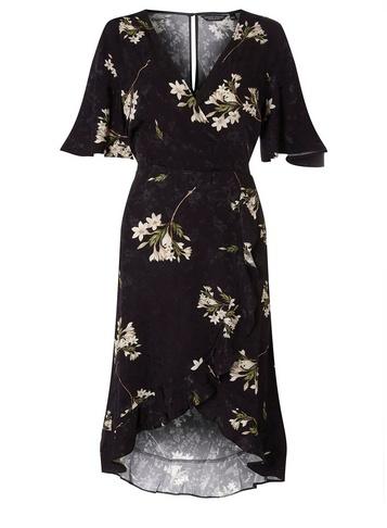 Dorothy Perkins *black Satin Jacquard Midi Wrap Dress