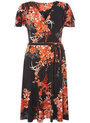 Dorothy Perkins *tall Oriental Floral Wrap Fit And Flare Dress