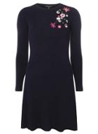 Dorothy Perkins Navy Floral Embroidered Fit And Flare Knitted Dress