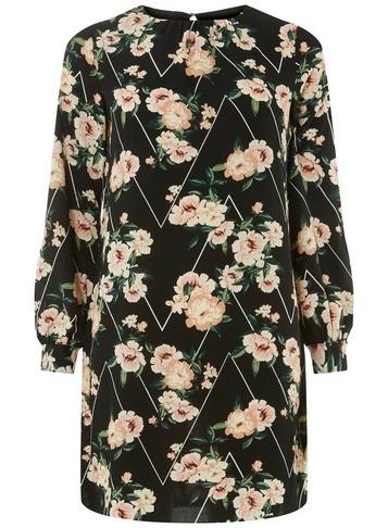 Dorothy Perkins *black Floral Chevron Shift Dress