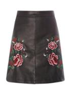 Dorothy Perkins *tall Black Floral Embroidered Faux Leather Mini Skirt