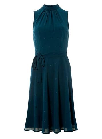 Dorothy Perkins Teal Blue Glitter High Neck Midi Skater Dress