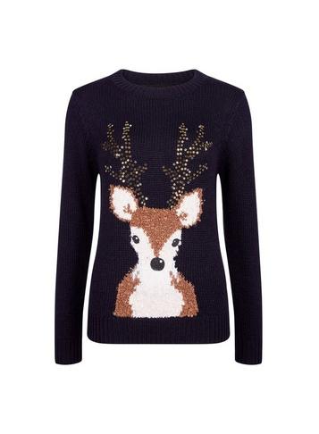 Dorothy Perkins Navy Christmas Sequin Reindeer Jumper