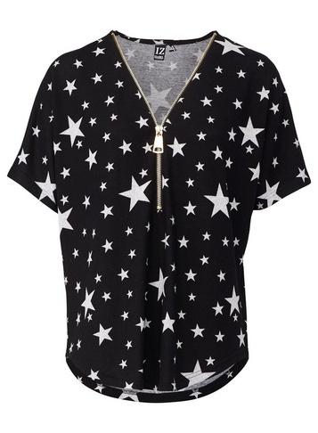 *izabel London Black Star Print Zip Front Top