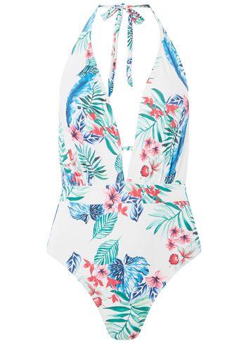 Dorothy Perkins *ivory Tropical Print Plunge Swimsuit