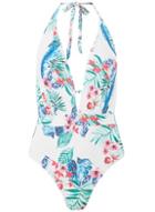 Dorothy Perkins *ivory Tropical Print Plunge Swimsuit