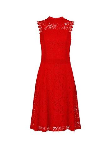 Dorothy Perkins Red Shirred Neck Lace Midi Skater Dress