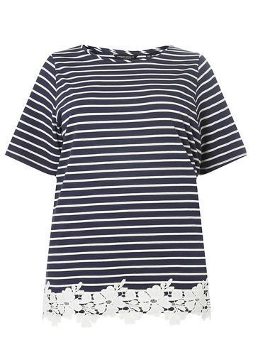 Dorothy Perkins Dp Curve Navy Stripe Lace Hem T-shirt