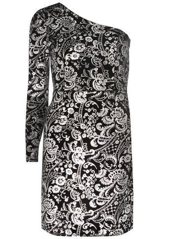 Dorothy Perkins Silver Brocade Print One Shoulder Velvet Bodycon Dress