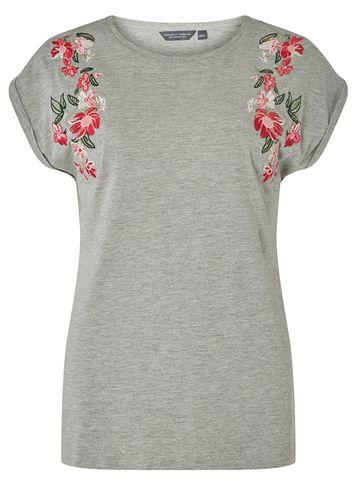 Dorothy Perkins *tall Grey Turnback Embroidered T-shirt