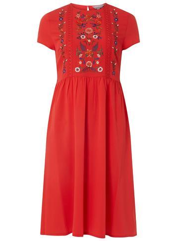 Dorothy Perkins Petite Red Embroidered Midi Skater Dress