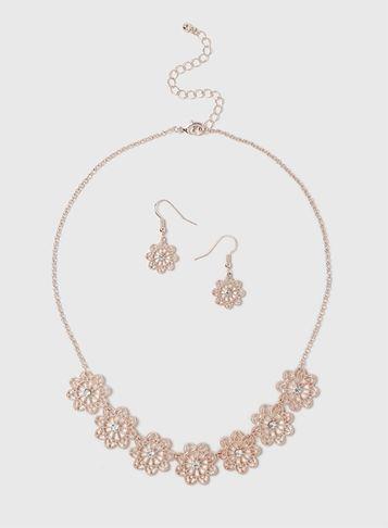 Dorothy Perkins Rose Gold Flower Necklace And Earrings Set