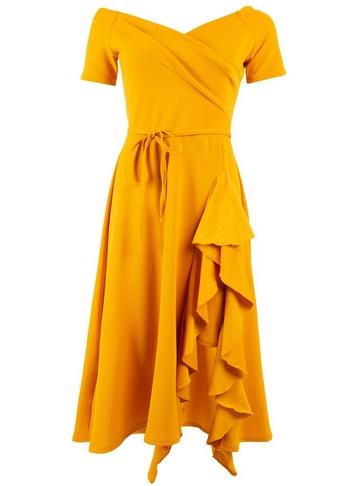 *feverfish Mustard Frill Midi Bardot Dress